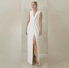 Halston Women’s Melanie Gown In Stretch Crepe Chalk Size 10 $445 High Front Slit picture