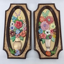 Vintage Hand Painted Ceramic Plaques Chalkware Flowers 3D Wall Hanging Set Of 2 picture