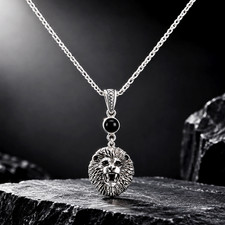 Vintage 925 Silver Silver Artisan 3D Lion Roaring With Black Onyx Necklace picture