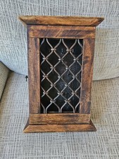 Antique 1955 Wood Wall-Mounted Key Box/House With Wrought Iron Facade 8 Key Hook picture