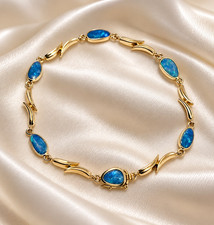 Vintage 14K Gold Australian Opal Bezel-Set Fancy Link Bracelet 7