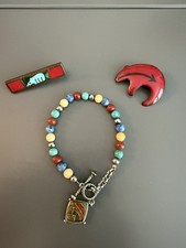 Southwest Jewelry Set Bracelet & 2 Bear Pins Sterling & Enamel Inlay Genuine Gem picture