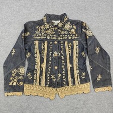 Vintage Flashback Jacket Womens Medium Blue Denim Embroidered Lace Boho Floral picture