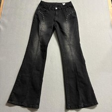 Shein Women Studded Flare Jeans Black Denim Size 30 High Rise Y2K Boho Stretch picture