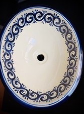 Hand Painted Talavera Style Bathroom Sink Mexico Blue Scroll Oval Drop In NOS picture