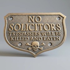 Pirate Skull No Solicitors Solid Brass Embossed Plaque picture