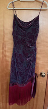 Kay Unger cowelneck velvet asymmetrical fringe sleeveless satin bow dress size 6 picture
