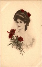 Beautiful Woman with Carnations Hand Colored c1900s-10s Vintage Postcard picture