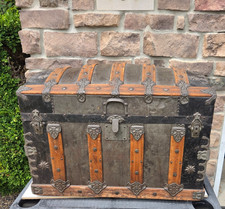 Antique Dome Top Steamer Trunk Wood Slat Embossed Metal Ornate Hardware 30in picture