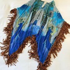 Chicos Silk Imperial Ruana Peacock Fringe Poncho Tunic Blue Teal Boho  OS picture