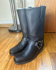 Frye Black Leather Harness Mid-Calf Pull-On Boots Buckle Round Toe 7.5D picture