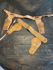 Vintage Child’s Leather Western Cowboy Holster Belt Set Studded Tooled Floral picture