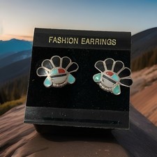 Vintage Zuni Sunface Inlay Earrings Sterling Silver Turquoise Coral Jet 6.8g picture