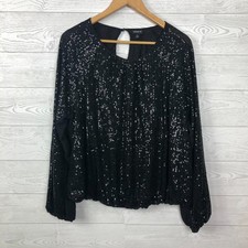 Torrid Women's 1X Sequin Bubble Hem Top Long Sleeve Keyhole Back Solid Black picture