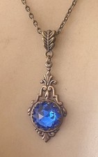 Blue Necklace Victorian Revival Brass Filigree Czech Glass Rhinestone Pendant picture