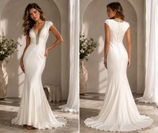 Lulus Ivory Mermaid Wedding Dress NWT Cap Sleeve Bridal Gown Sz 2 Deep V Beaded picture
