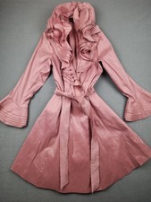 Jerry T Coat Womens Large Pink Taffeta Trench Ruffle Collar Belted Dressy Light picture