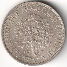 1927-A Weimar Germany 5 Reichsmark Oak Tree Silver Nice  picture