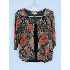 Notations Stretch Womens Floral Paisley Layered Top Black Red Gold Sz L picture