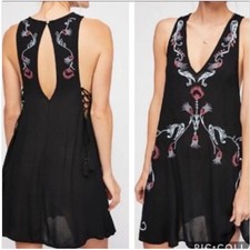 Free People Adelaide Embroidered Floral Mini Dress Black Small Boho Festival picture