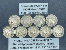 Complete Full Date Buffalo Nickel Set 9 Coins 1926P-1937P picture
