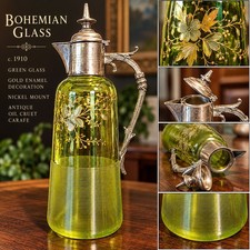 🇨🇿 c.1910 Bohemian Vaseline-Color Green Glass Oil Cruet Gold Enamel Antique picture