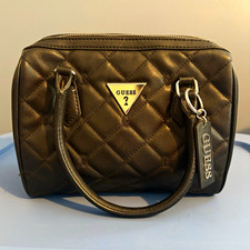 GUESS Black Quilted Zip Top Handle Satchel Logo Pattern Inner Pockets Silver picture