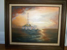ORIGINAL 20th CENTURY OIL RIG SCENE MCM INDUSTIRAL SCENE OIL ON CANVAS PAINTING picture