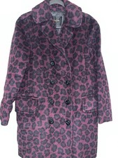 COACH New York Burgundy Black Leopard Wool Blend Double Breasted Coat Women's picture