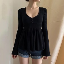 Y2K Bell Sleeve Babydoll Top Women’s Lace Trim Peplum Long Sleeve Shirt picture