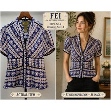 Vintage Anthropoligie Fei 100% Silk Blouse Blue White Puff Sleeve Lace Trim  (4) picture