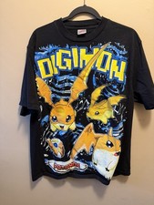 Vintage Digimon AOP Graphic T-Shirt Rate Anime Cartoon Tee Double Sided Mens XL picture