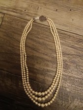Vtg 3 Strand Pearl Choker Necklace Sterling Art Nouveau? Floral Heart Clasp 15” picture