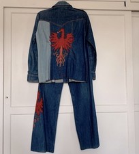 Vintage Cheslin 1970s patchwork denim suit w velvet embroidered dragon appliqué picture