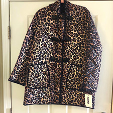 DKNY Women's Quilted Hooded Lined Leopard Print Zip Jacket Beige/Black Size L picture