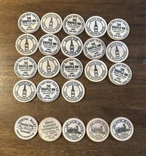 Lot of 23 Vintage Wooden Nickels / Drink Tokens Exonumia Souvenir Coins Wood picture