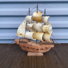 Vintage Hand Carved Wooden Ship Wire & Sails Made Of Genuine Horn picture