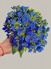 Vintage French Beaded Flower Bouquet Blue Green Glass Seed Beads Handcrafted picture