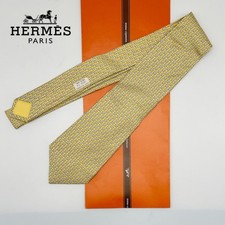 HERMÈS Yellow Tie Silk Men Patterned Logo France 600657 picture