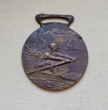 1930s Crew Sculling Rowing Brass Medal Watch Fob Rower In Single Scull Boat picture