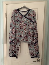 Garnet Hill Asian Wrap Pajamas XL Aqua & Coral Long Sleeve Organic Cotton picture