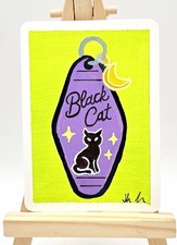 Mystical Black Cat Hotel Key Chain Original OOAK Halloween Fall Moon Stars ACEO picture