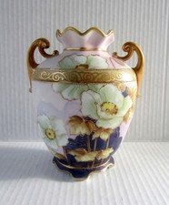 Antique Morimura Nippon Hand Painted Double Handle Floral Vase Gold Moriage  6