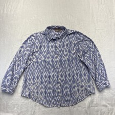 Chico's Size 3 Blue Ikat Cotton Shirt Floral Embroidery Boho Artisan Plus picture