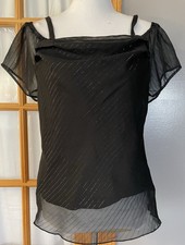 80s Torrid Cold Shoulder Blouse 0X Black Metallic Pinstripes Goth Party City USA picture