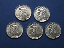 1941-1945P Walking Liberty Half Dollar set of 5 - 90% Silver US coins - BU/AU+ picture