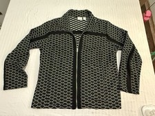 Chico's Collection Knit Zip Jacket Size 2 (L) Black White Geometric Wave Print picture
