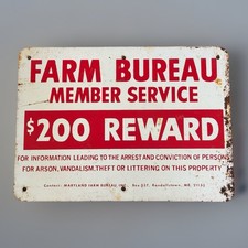 Vintage Farming Maryland Farm Bureau $200 Reward Metal Sign Randallstown picture