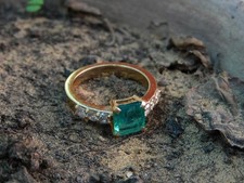 2.44 Ct Princess Cut Natural Emerald & Diamond Wedding Ring 14K Real Yellow Gold picture