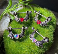 PAIR Crystal Heart Angel Wings Nipple Rings Shields 14g 14 gauge Body Jewelry picture